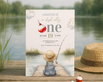 Ofishally One Digital Birthday Invite Download, Fishing Themed Birthday Invitation, Baby Boy First Birthday Template, Instant Download sb130