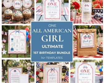 May include: A collection of patriotic-themed party supplies for a first birthday celebration. The bundle includes invitations, cupcake toppers, water bottle labels, a welcome sign, and a thank you gift bag, all decorated with red, white, and blue accents and American flags.