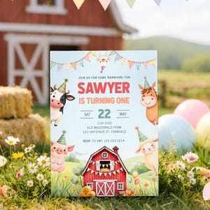 Farm Theme First Birthday Invites, 1st Birthday Invitations Farm Animal Printable, Barnyard Birthday Party Template Editable, sb184