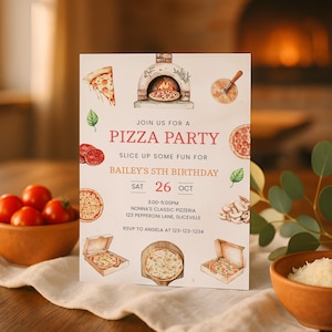 Pizza Party 5th Birthday, Pizza Party Invite Kids, Pizza Party Invitation Digital, Pizzeria Party Invite Editable Template Printable, sb153