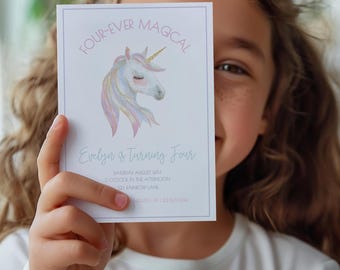 Four Ever Magical Unicorn Invitation, Four Ever Magical Unicorn Digital Birthday Invite, Unicorn Rainbow 4th Birthday Invitation Girl, sb120