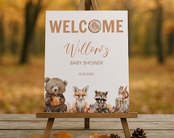 Fall Woodland Baby Shower Welcome Sign, Autumn Forest Animals Baby Shower Decor, Rustic Cute Party Sign Poster Template Printable, sb147