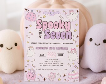 Cute Kids Halloween Birthday Party Invite, Retro 7 Year Old Girl Editable Template, Seven and Spooky, Pink Ghost Printable, sb139