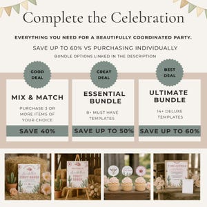 The image is a promotional graphic for a party service that offers a variety of bundle options for a beautifully coordinated party. It includes images of different party items such as cakes, banners, and decorations, along with text descriptions of the bundle options.