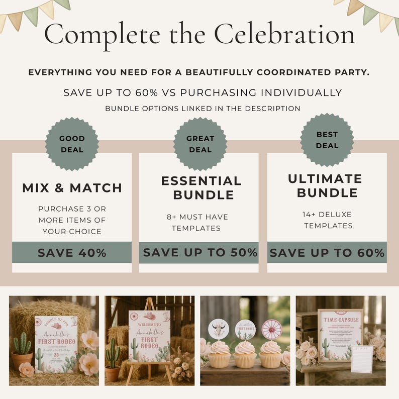 The image is a promotional graphic for a party service that offers a variety of bundle options for a beautifully coordinated party. It includes images of different party items such as cakes, banners, and decorations, along with text descriptions of the bundle options.