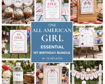 May include: A collection of patriotic party decorations and supplies, including invitations, cupcake toppers, a thank you bag, and a sign that reads "One All American Girl." The theme is a first birthday celebration with red, white, and blue accents.