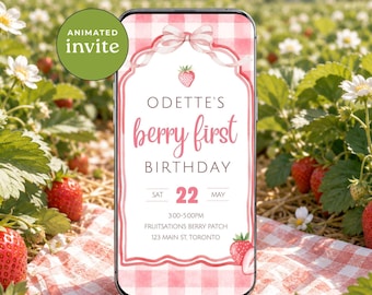 Berry First Birthday Invitation Video, Animated Strawberry Birthday Invite Gingham, Coquette Digital Template, Girl Party Evite, sb113