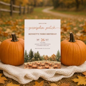 Pumpkin Patch Birthday Invitation, Fall Theme 3rd Birthday Party Invite Template, Rustic Halloween Instant Download, sb145