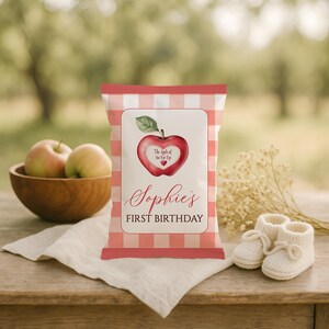 Apple of Our Eye Party Decor, Gingham Apple Orchard Themed Chip Bag, Editable Fall Party Favor Template, Printable Custom Loot Bag, sb144