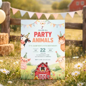 Farm 4th Birthday Invite, Calling all Party Animals Editable Birthday Invitation, Barnyard Fourth Birthday Printable Template, sb184