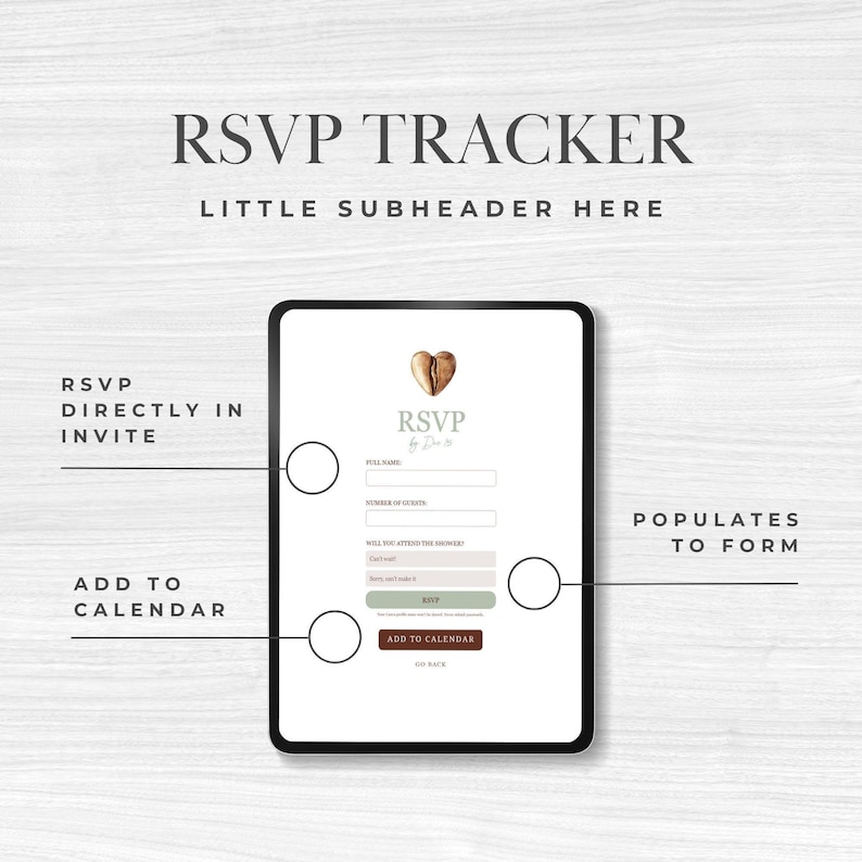 Invitation de site Web Baby is Brewing, invitation numérique pour baby shower sur le thème grain de café, lien texte de suivi RSVP pour baby shower café, sb165 image 4