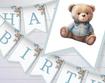 May include: A decorative pennant banner featuring a series of white triangular flags with light blue borders. Each flag displays a large blue letter and a watercolor illustration of a brown teddy bear wearing a blue shirt and a blue bow tie.