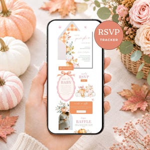 May include: A digital baby shower invitation template displayed on a smartphone screen, featuring watercolor pumpkin illustrations, orange plaid accents, and text sections for RSVP, registry, and diaper raffle details with a round RSVP tracker icon.