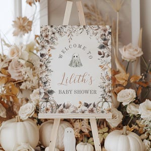 A Little Boo is Almost Due Baby Shower Welcome Sign, Fall Halloween Theme Baby Shower Decor, Boho Floral Party Sign Poster Template, sb140 image 2