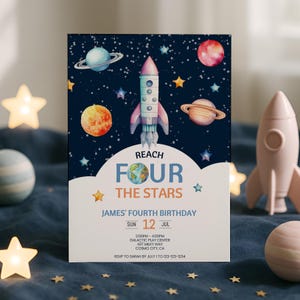 Outer Space Invitation Card Template, Space Theme 4th Birthday Party Invitation, Reach Four the Stars, Editable Digital Download, sb128