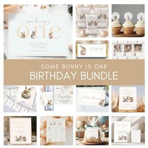 Some Bunny Is Turning One Bundle, Bunny Rabbit Party Decor, Editable Birthday Invitations, Printable Templates, 1st Birthday Kit, sb108