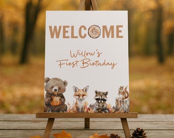 Fall Woodland Welcome Sign, Forest Animal Birthday Party Welcome Sign, Woodland Creature Birthday Decor, Printable Poster Template, sb147