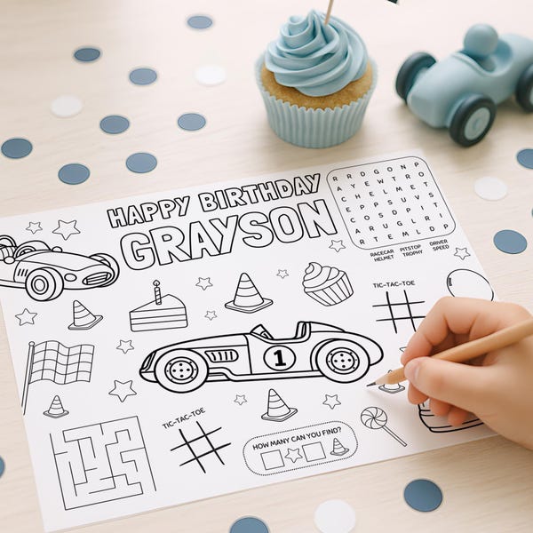 Fast One Birthday Placemat, Fast One Coloring Sheets, Racecar Birthday Party Games, First Lap Activity Sheet Kids, Loot Bag Favor, sb163