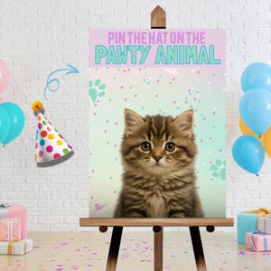 Kitten Themed Party Games, Pin the Tail Party Game, Pin the Party Hat on the Party Animal, Printable Kids Birthday Activity, Cat Pawty sb111