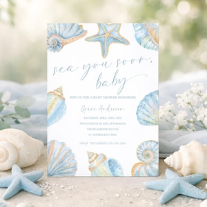 Sea You Soon Baby Shower Invitation Boy, Nautical Baby Shower Invite, Ocean Baby Shower Printable, Coastal Seashell Template, sb182