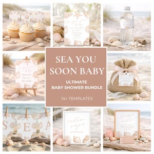 May include: A baby shower bundle featuring templates with seashell illustrations and the text Sea You Soon Baby. Includes cupcake toppers, a water bottle label, a welcome sign, a burlap favour bag, a banner, custom signs, and a diaper raffle card.