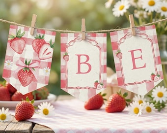 My Berry First Birthday Banner, Berry Sweet Girl Baby Shower Banner Printable, Editable Strawberry Pink Coquette Baby Garland Template sb113