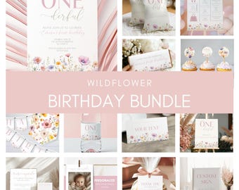 Wild Flower First Birthday Bundle, Onederful Wildflower Birthday Kit, Editable Wildflower 1st Birthday Invitation Bundle Party Decor sb112