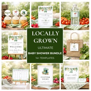 Könnte beinhalten: Eine Sammlung von Babyparty-Dekorationen und Schreibwaren mit Gartenthema. Enthält Einladungen, Willkommensschilder, Cupcake-Topper, Wasserflaschenetiketten und ein Windel-Raffle-Schild. Das Thema zeigt Illustrationen von Gemüse und Latzhosen.