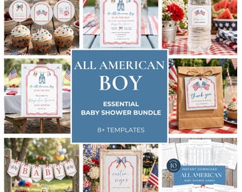 Puede incluir: Un conjunto de decoraciones y juegos para baby shower con temática patriótica. La imagen incluye cupcakes, invitaciones, letreros, etiquetas para botellas de agua y tarjetas de agradecimiento. El tema es "All American Boy" con una combinación de colores rojo, blanco y azul.