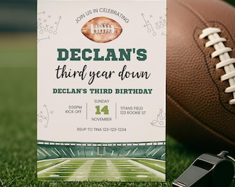 3 Year Old Sports Birthday Invite, Football Birthday Invitation Third Down, Flag Football 3rd Birthday Theme Editable Template, sb157