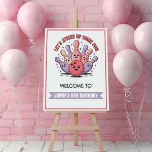 Bowling Party Sign, Bowling Birthday Welcome Sign, Lets Strike Up Some Fun, Girls Birthday Digital Decor, Editable Printable Template, sb131