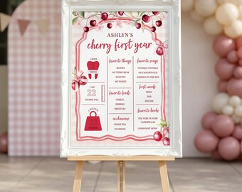My Cherry First Birthday Milestone Sign, Cherry And Bows Party Decor Stat Board, Pink Coquette Gingham Printable Milestone Poster, sb187