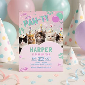 4th Birthday Cat Invite, Cat Birthday Invitation, 4th Birthday Party Invite Girl, Kitty Theme Editable Template, Meow Instant Download sb111