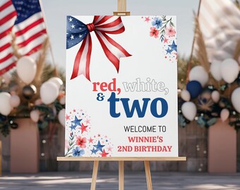 Red White And Two Birthday Party Decor, 4th of July Welcome Sign, Americana Birthday BBQ, Girl 2nd Birthday Decor, Instant Download, sb132