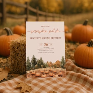 Pumpkin Patch Birthday Invitation, Fall Theme 2nd Birthday Party Invite Template, Rustic Halloween Instant Download, sb145