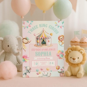 Three Ring Circus Birthday Invitations, Circus Theme 3rd Birthday Invite, Pastel Circus Invitation Editable, Carnival Party Invite, sb119