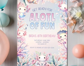 Axolotl Birthday Invitation Girl, Axolotl 8th Birthday Party Invite Printable, Editable Digital Template for Kids, Instant Download, sb114