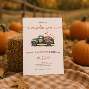 Pumpkin Patch Birthday Party Invite, Pumpkin Truck Invitation, Fall Theme 7th Birthday Template, Rustic Halloween Instant Download, sb145