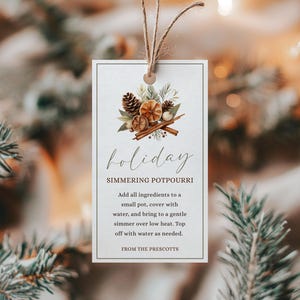 May include: A rectangular white paper tag with a brown twine loop featuring a watercolor illustration of pinecones, dried orange slices, and cinnamon sticks. The text reads holiday SIMMERING POTPOURRI, instructions for use, and FROM THE PRESCOTTS.