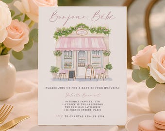 French Cafe Baby Shower Invite, Paris Baby Shower Invitation Digital, Parisian Baby Shower Invitation Digital, Bonjour Bebe Theme, sb167