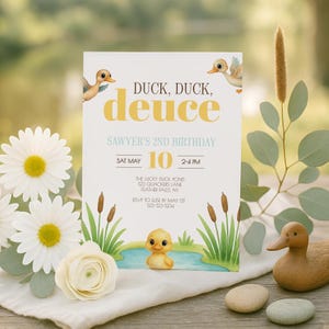 Duck Duck Deuce Birthday Invitations, Duck Theme Printable Invitation, Duck Birthday Invitation Cards, 2nd Birthday Editable Template sb134