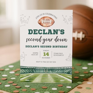 Second Year Down Football Birthday Invites, Football Birthday Party Two, Flag Football 2nd Birthday Theme Editable Template, sb157