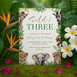 Young Wild And Three Invitation, Editable Safari Animal Third Birthday Party (Digital Download), sb100