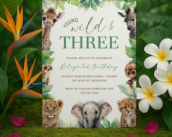 Young Wild And Three Invitation, Editable Safari Animal Third Birthday Party (Digital Download), sb100