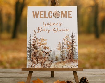 Oh Deer Baby Shower Welcome Sign, Fall Woodland Baby Shower Decor, Forest Animals Party Sign Poster Template, Printable Party Backdrop sb147