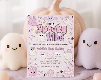Cute Kids Halloween Birthday Party Invite, Retro 6 Year Old Girl Editable Template, Six is a Spooky Vibe, Pink Ghost Printable, sb139