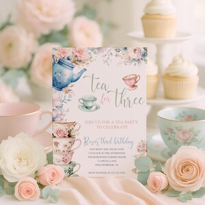 Tea For Three Birthday Party Invitation, Toddler Birthday Invitations Tea Party, Editable Floral Par-Tea, Girls 3rd Bday Printable, sb129