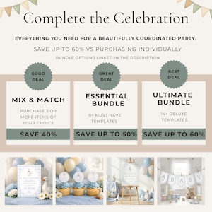 The image is a promotional graphic for a party service that offers a variety of bundle options for a beautifully coordinated celebration. It includes images of different party items such as balloons, cupcakes, and banners, along with text descriptions of the bundle options.