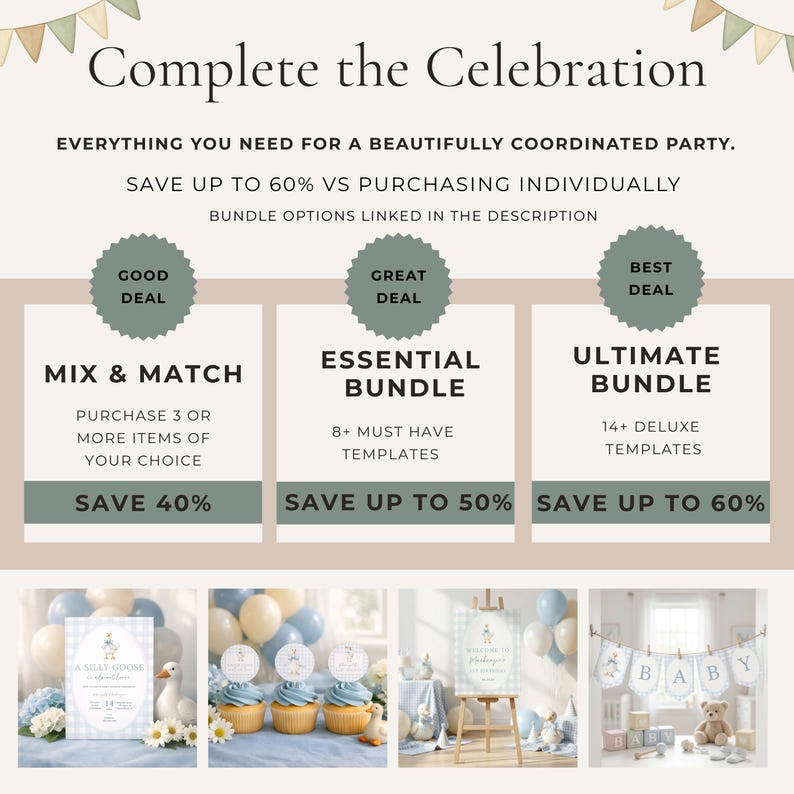 The image is a promotional graphic for a party service that offers a variety of bundle options for a beautifully coordinated celebration. It includes images of different party items such as balloons, cupcakes, and banners, along with text descriptions of the bundle options.