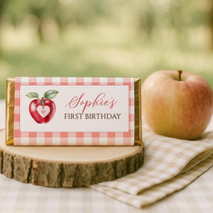 Apple of Our Eye Chocolate Bar Wrapper, Fall Apple Orchard Birthday Party Favors, Gingham Candy Wrapper Editable Template, sb144